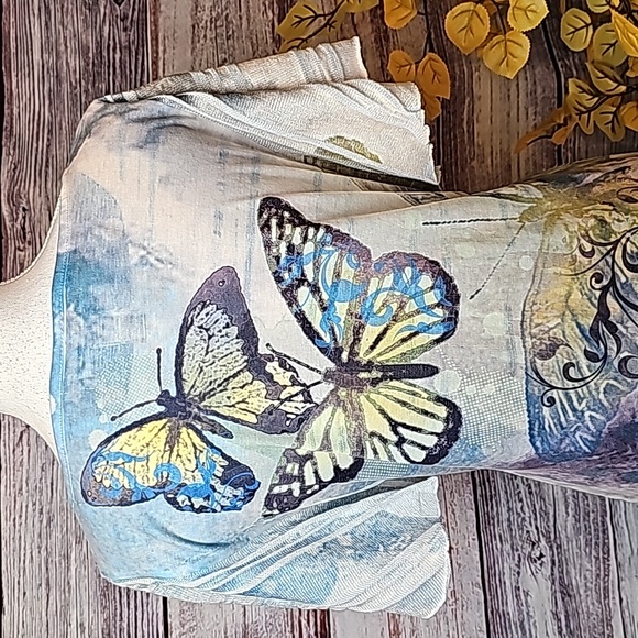 STYLE & CO BLUE YELLOW BUTTERFLY FLUTTER SLEEVE PULLOVER TOP - Picture 8 of 13